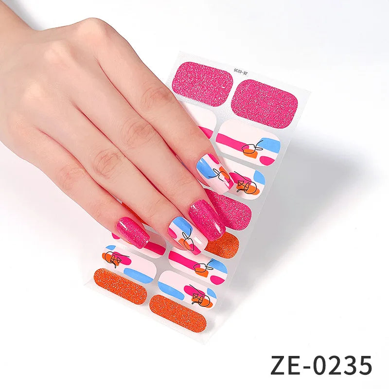 14Tips DIY Glitter Bake Free Gel Nail Stickers Stripe