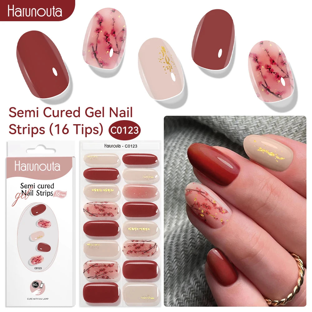 Gradient Red Marble Gold Line Semi Cured Gel Nail Strips