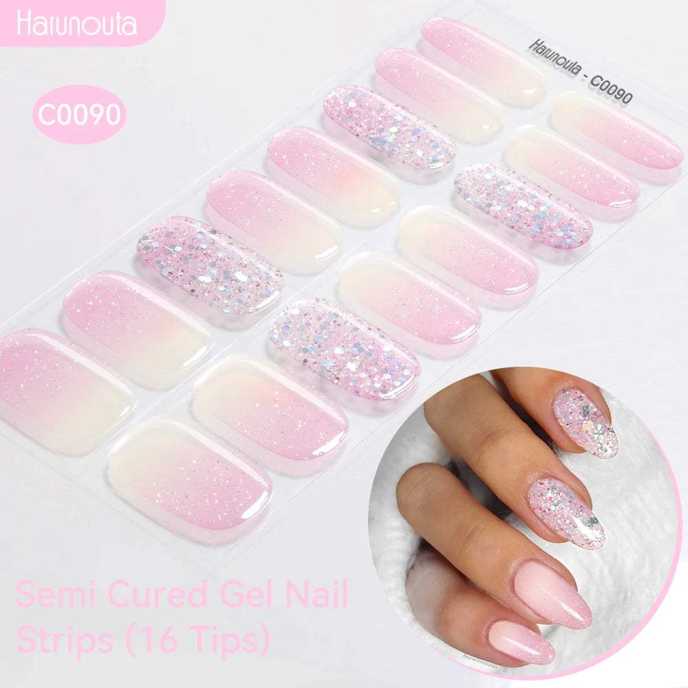 16strips Gradient Green Gold Ocean Semi Cured Gel Nail Strips