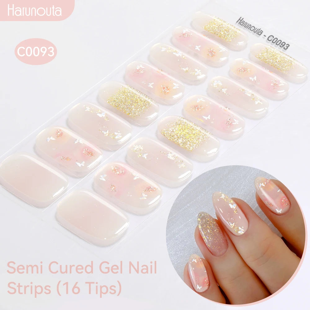 16strips Gradient Green Gold Ocean Semi Cured Gel Nail Strips