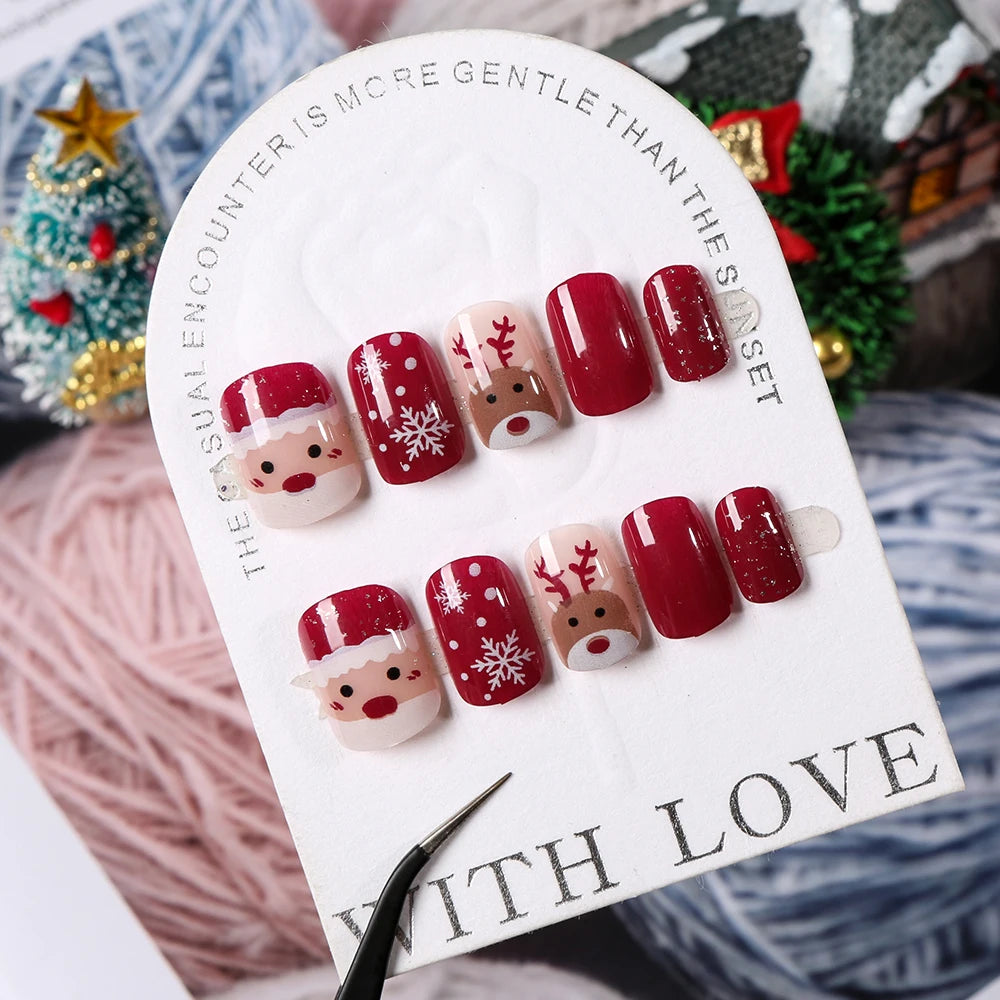 24Pcs Red Christmas Fake Nails