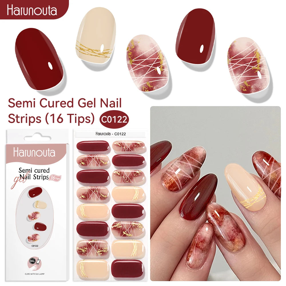 Gradient Red Marble Gold Line Semi Cured Gel Nail Strips