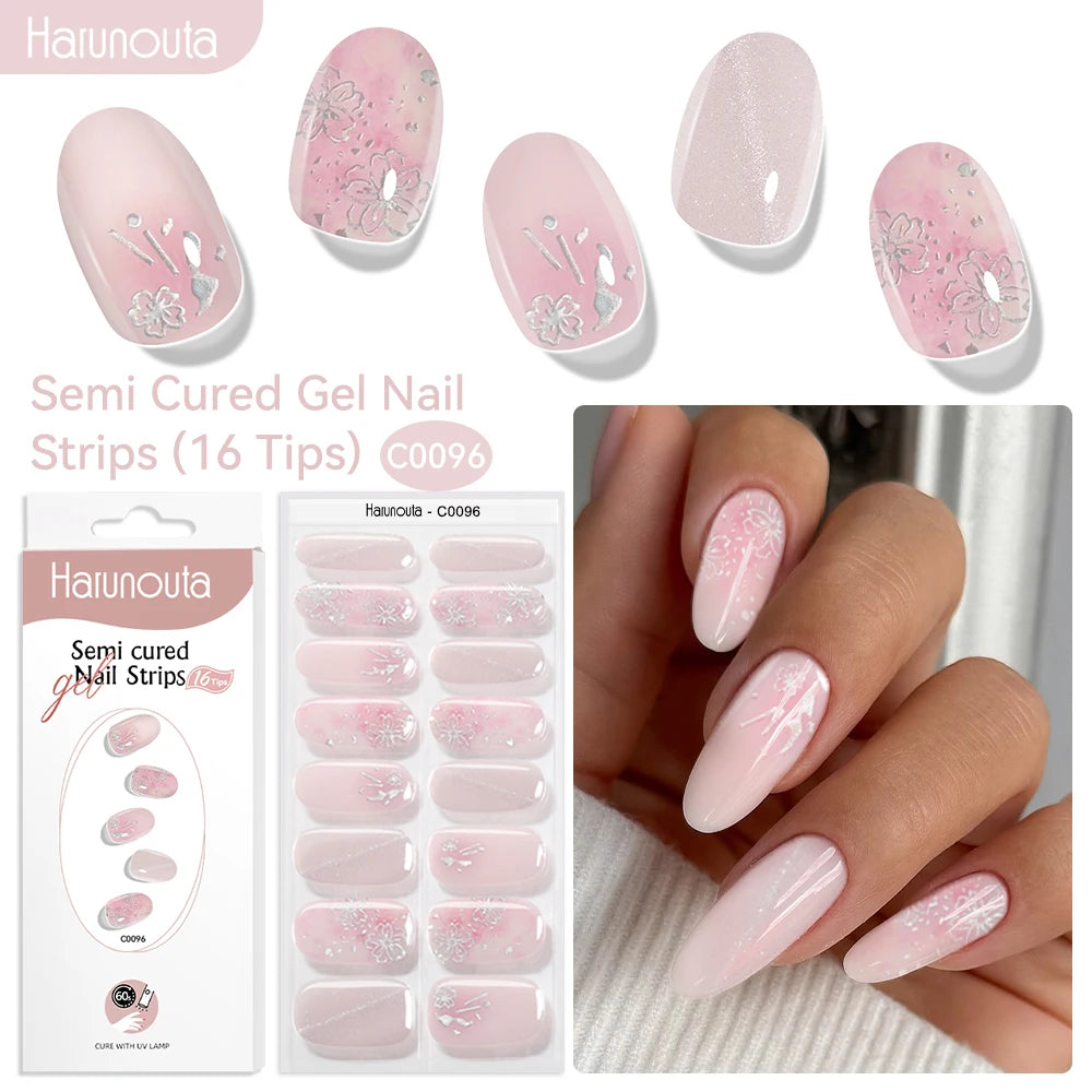 Gradient Red Marble Gold Line Semi Cured Gel Nail Strips