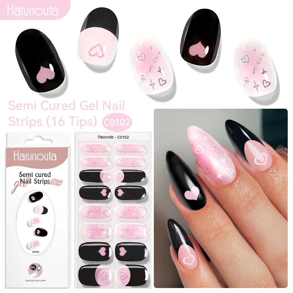 Gradient Red Marble Gold Line Semi Cured Gel Nail Strips