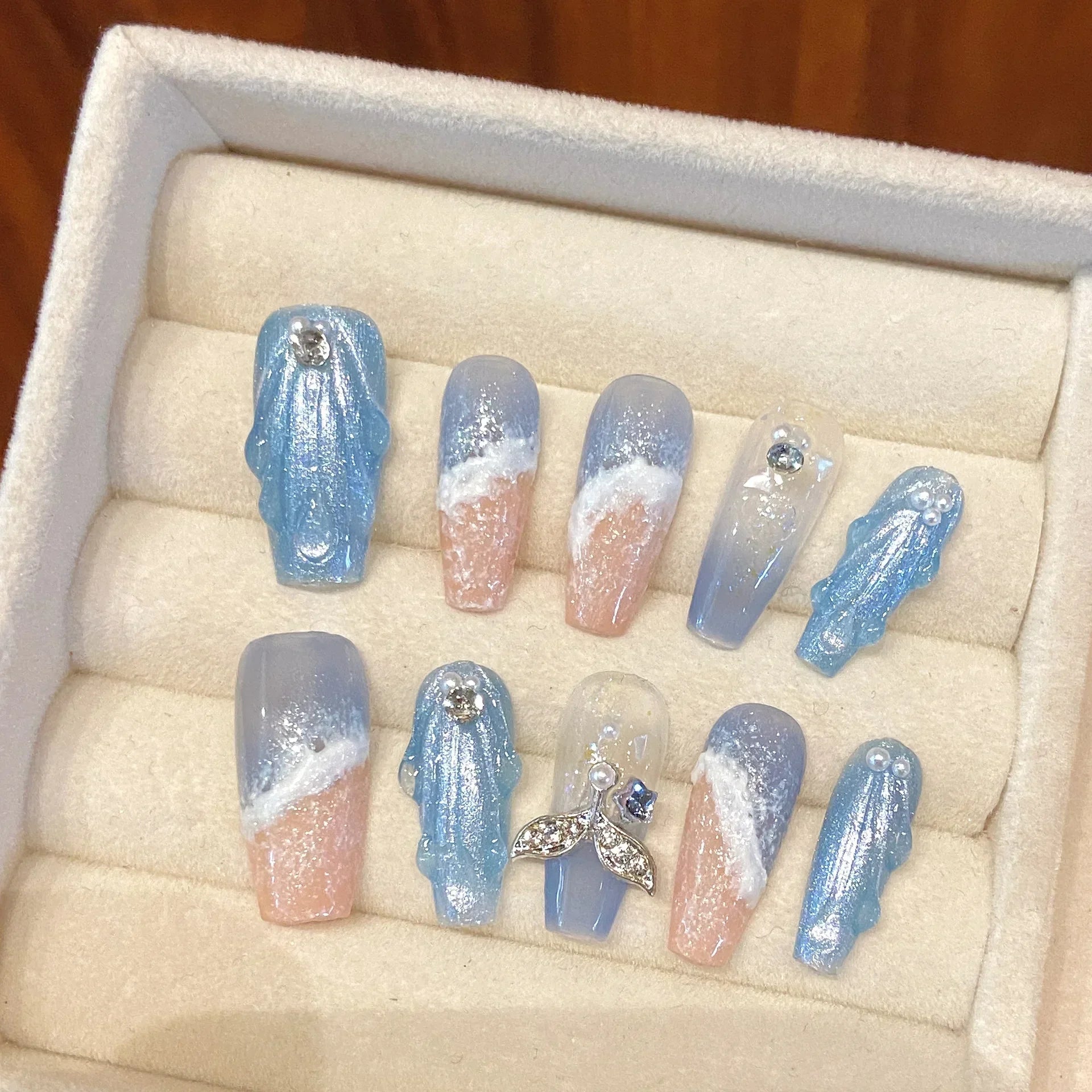 10Pcs  Long Ballet Blue Fake Nails