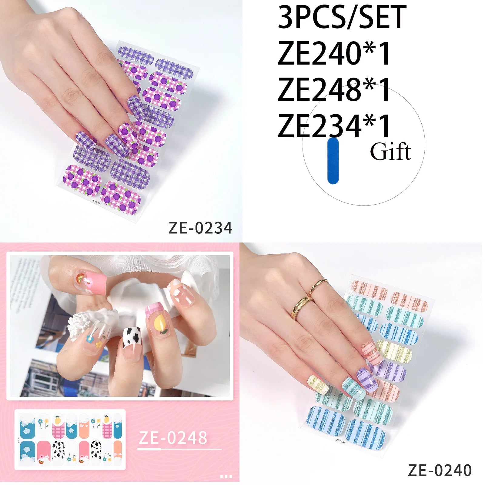 14Tips DIY Glitter Bake Free Gel Nail Stickers Stripe