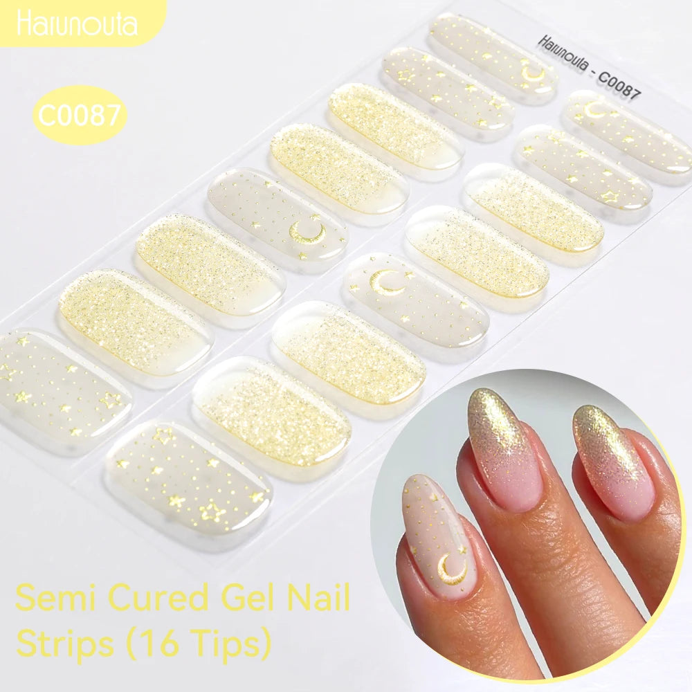 16strips Gradient Green Gold Ocean Semi Cured Gel Nail Strips