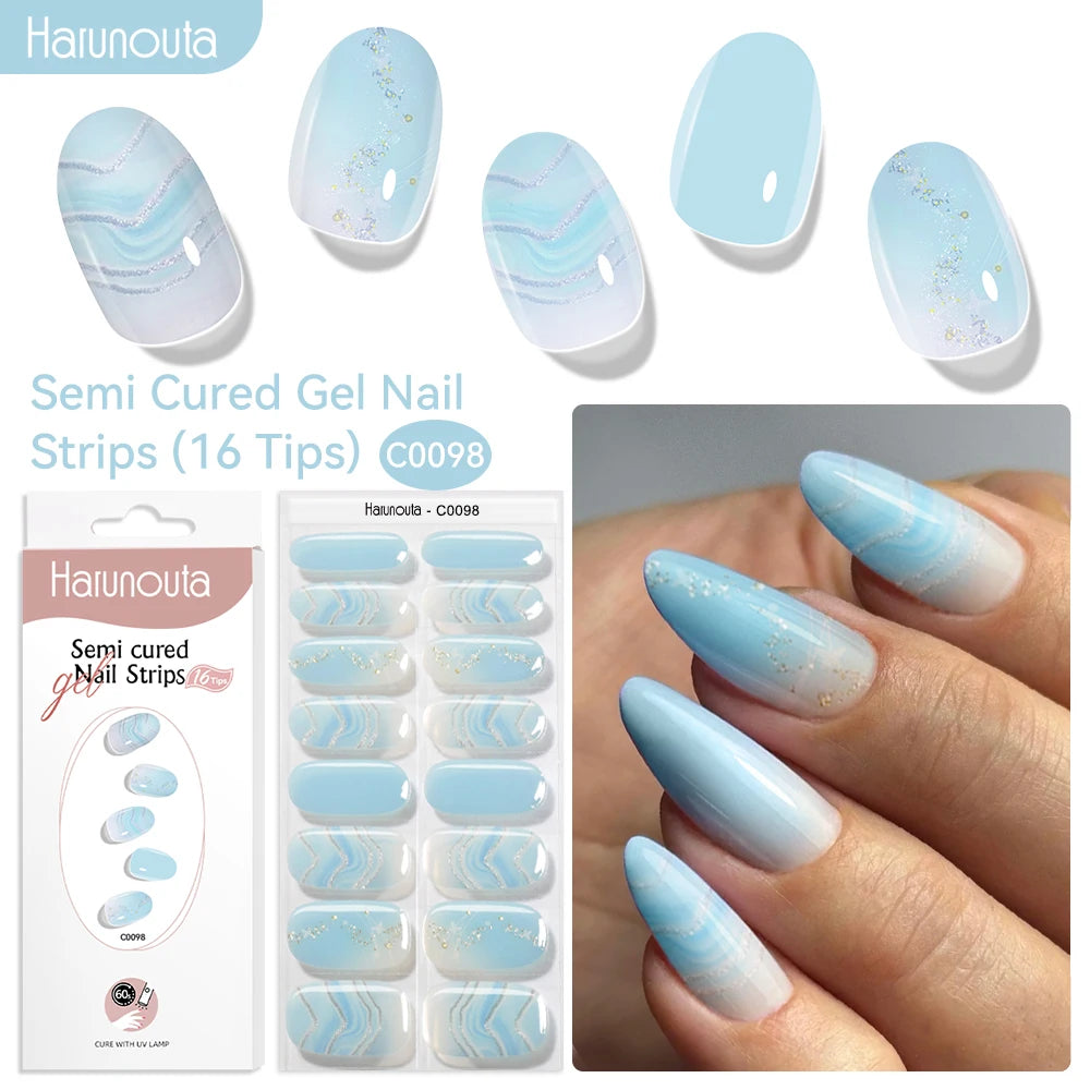 Gradient Red Marble Gold Line Semi Cured Gel Nail Strips