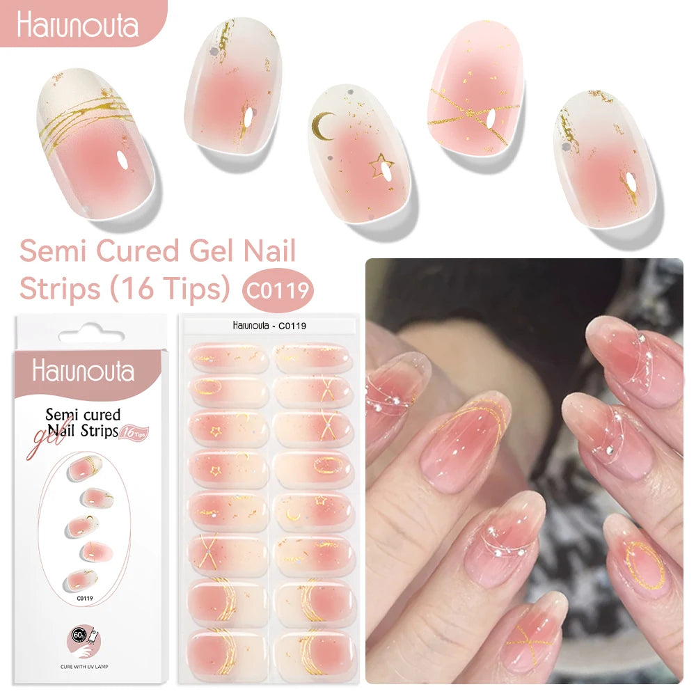 Gradient Red Marble Gold Line Semi Cured Gel Nail Strips
