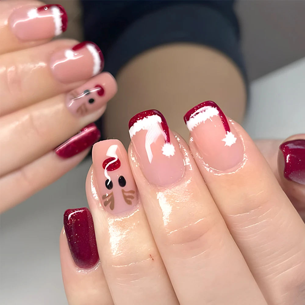 24Pcs Red Christmas Fake Nails