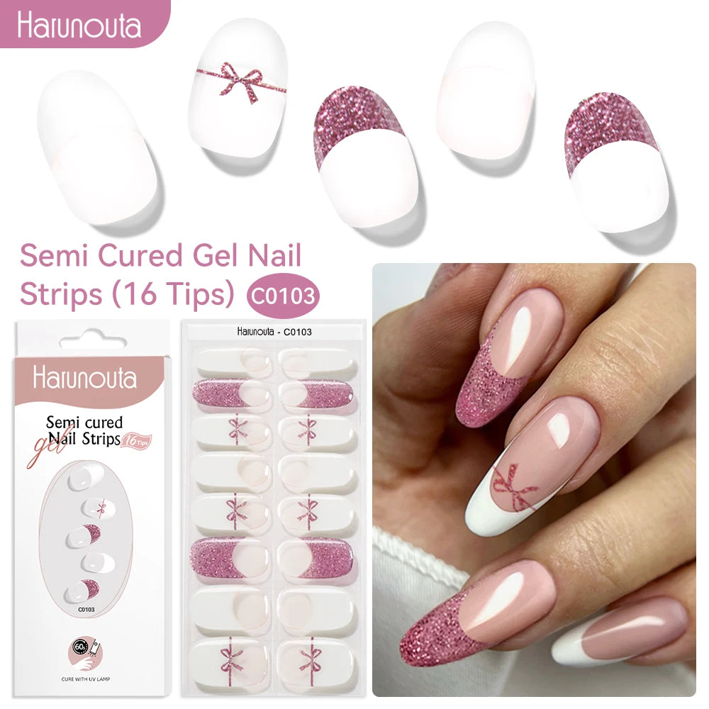 Gradient Red Marble Gold Line Semi Cured Gel Nail Strips