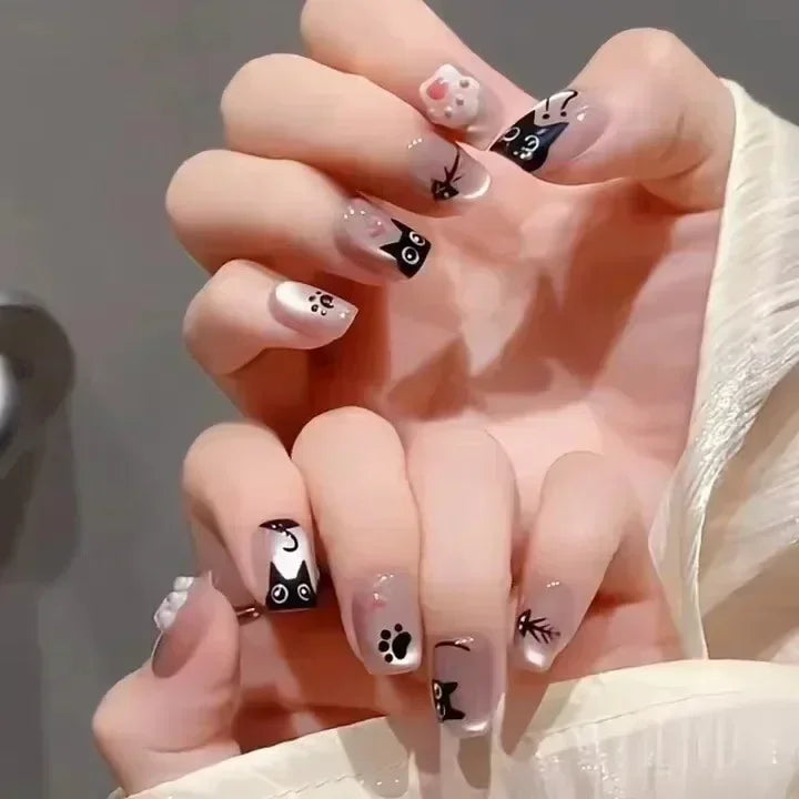 24Pcs Solid Black Short False Nails