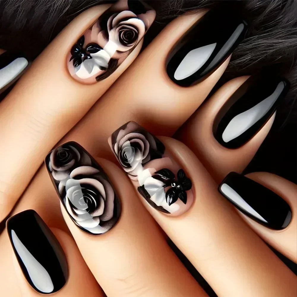 24Pcs Solid Black Short False Nails