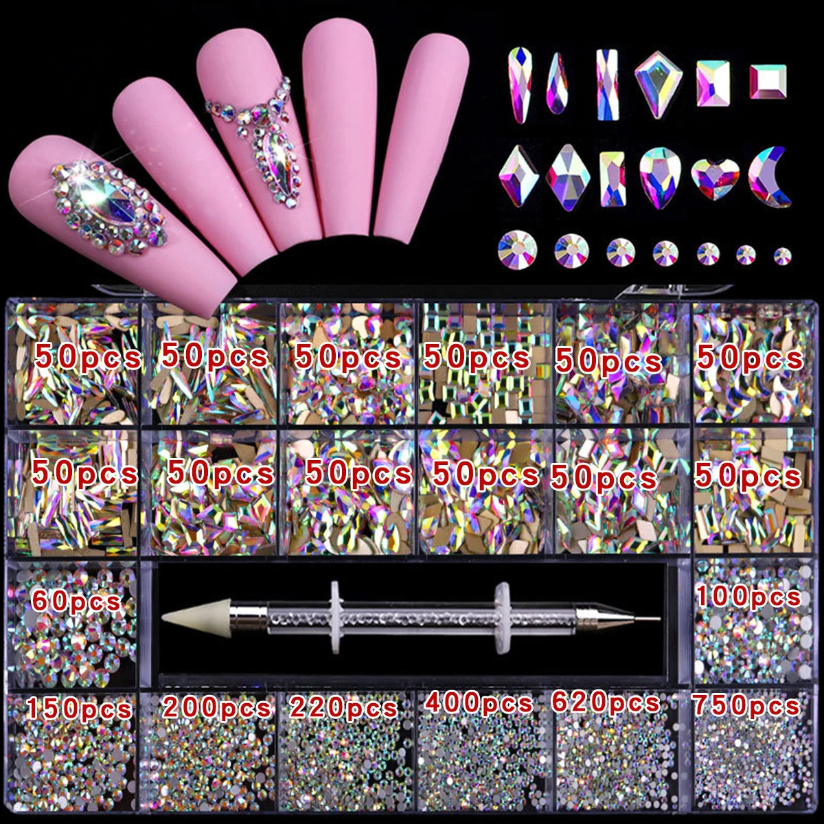 21 grid rhinestone box mixed nail Gems