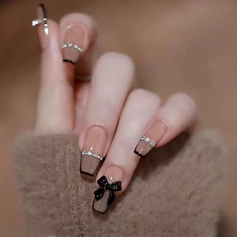 French Style False Nails Glitte Bow Design Fake Nail