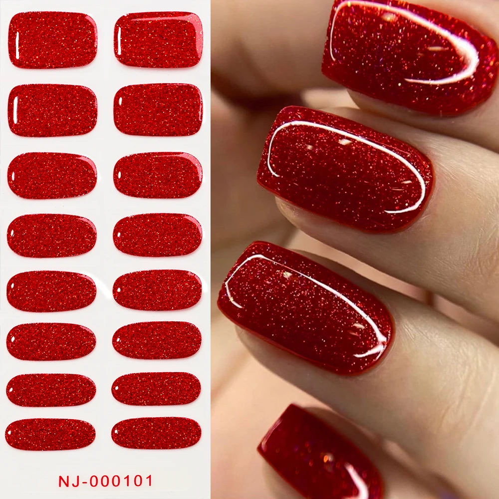 16Tips French Red Glitter Semi-Cured Nail Stickers