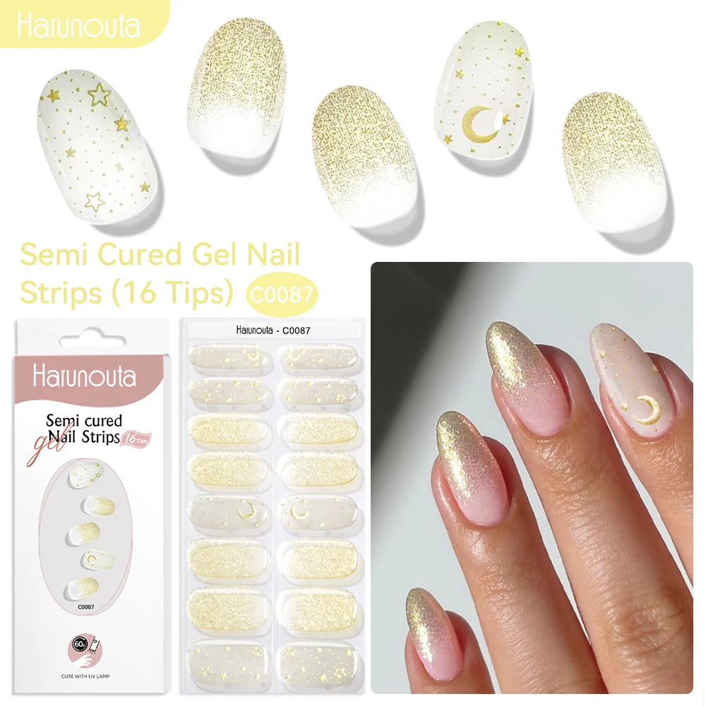 Gradient Red Marble Gold Line Semi Cured Gel Nail Strips