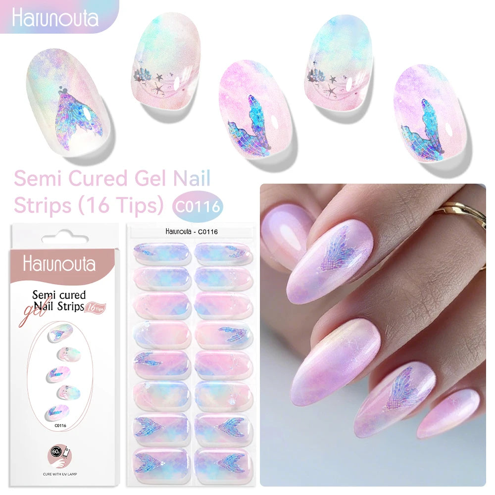 Gradient Red Marble Gold Line Semi Cured Gel Nail Strips