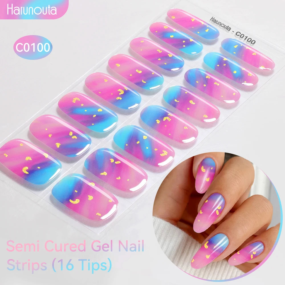 16strips Gradient Green Gold Ocean Semi Cured Gel Nail Strips