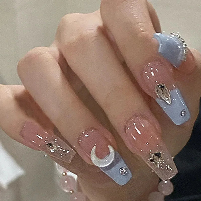 24Pcs/SET French Ballet Blue Moon Sailor False Nails