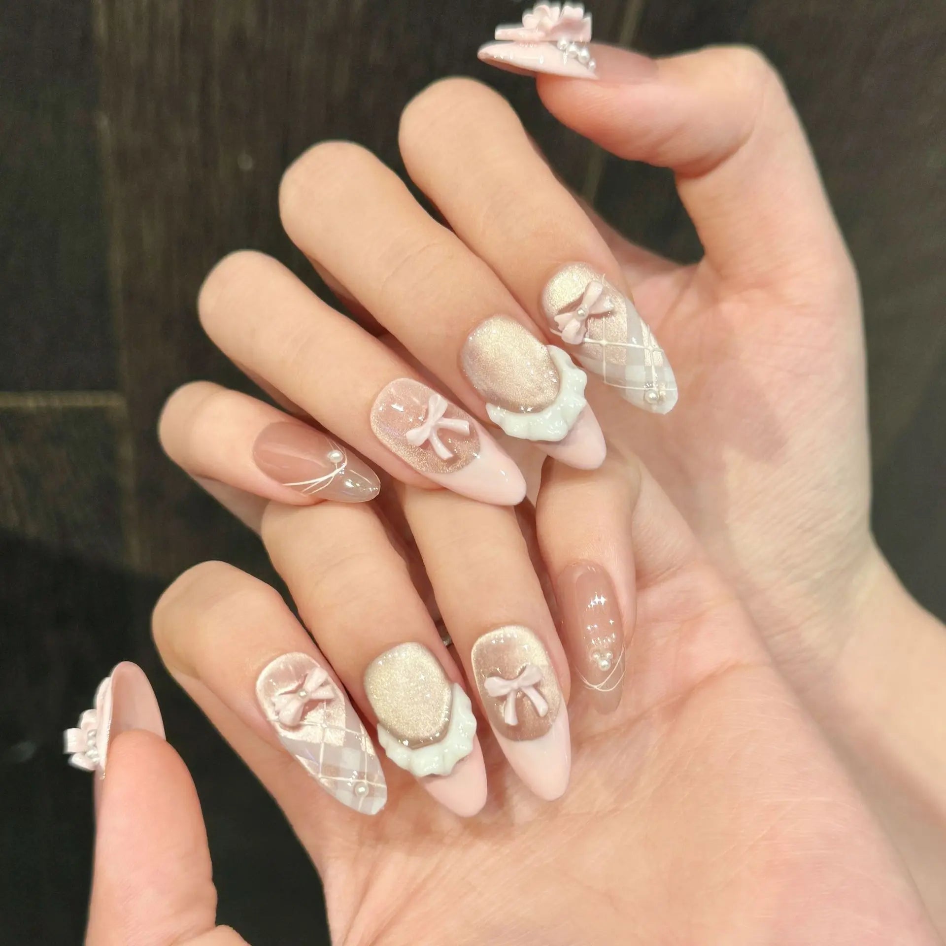 10pcs Handmade Press on Nails French Cat Eye Pink