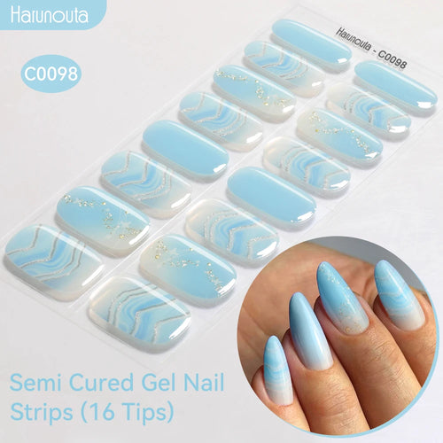 16strips Gradient Green Gold Ocean Semi Cured Gel Nail Strips