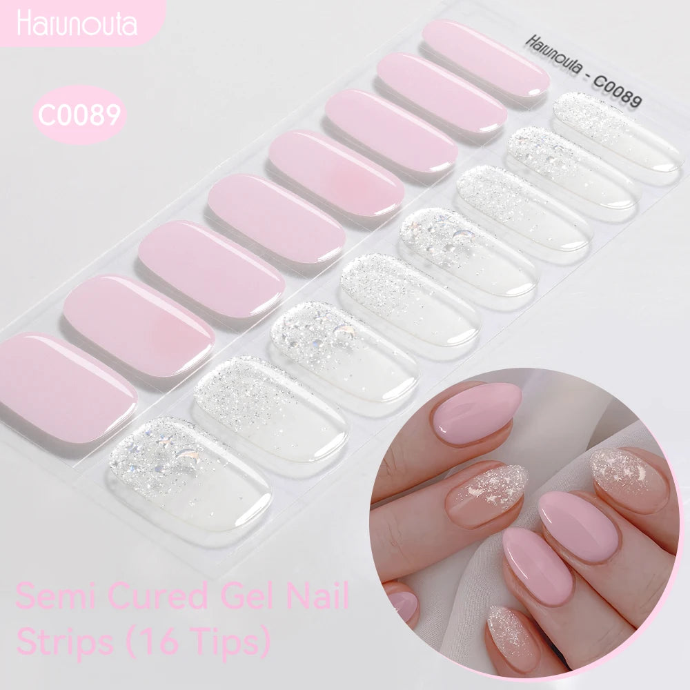 16strips Gradient Green Gold Ocean Semi Cured Gel Nail Strips