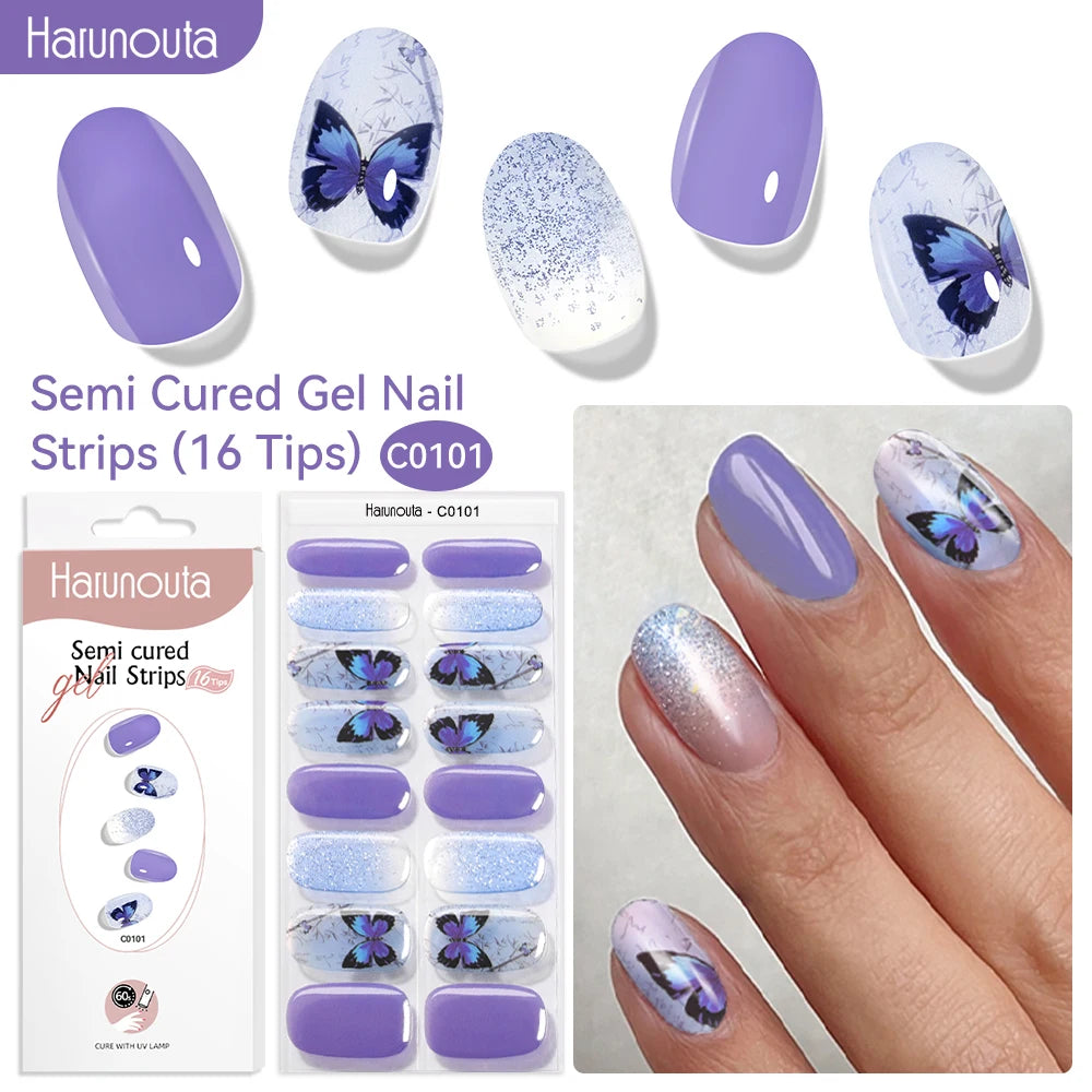 Gradient Red Marble Gold Line Semi Cured Gel Nail Strips