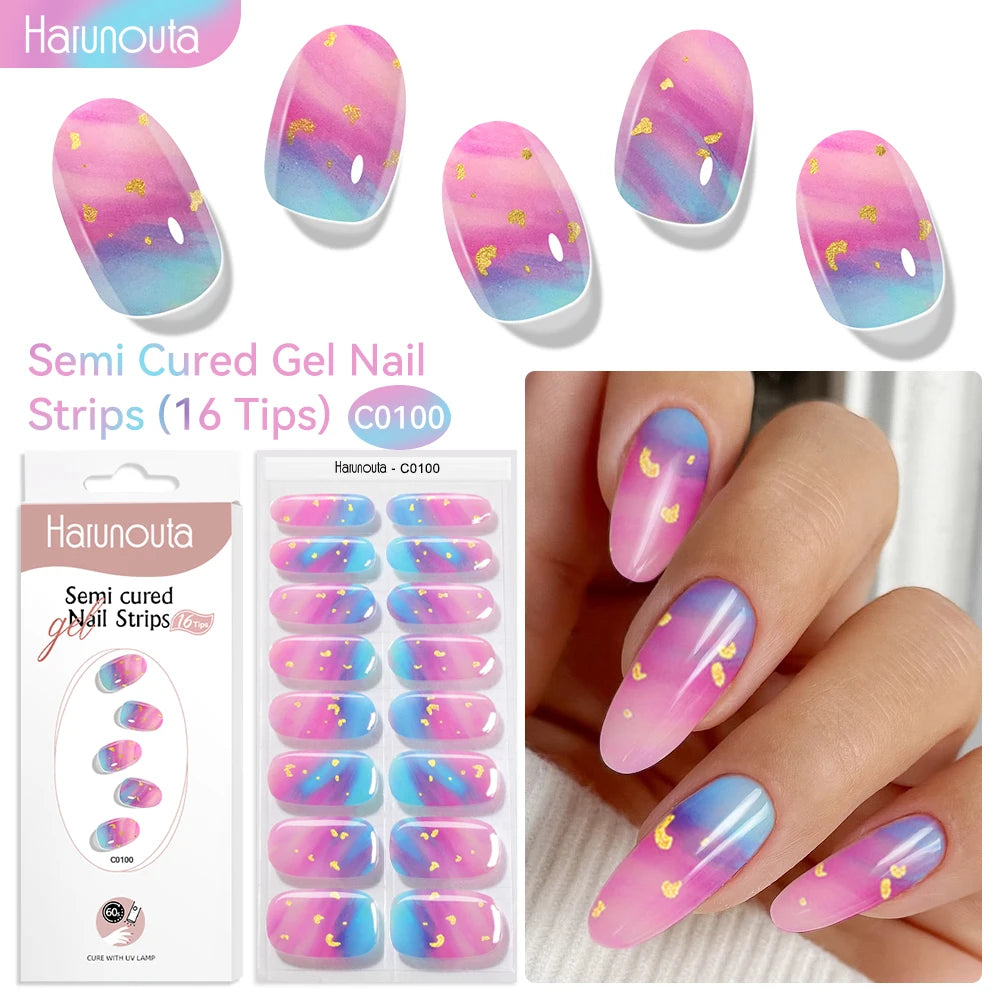 Gradient Red Marble Gold Line Semi Cured Gel Nail Strips