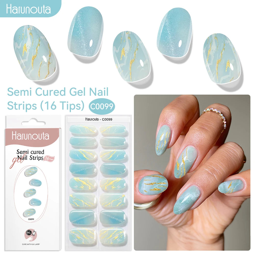 Gradient Red Marble Gold Line Semi Cured Gel Nail Strips