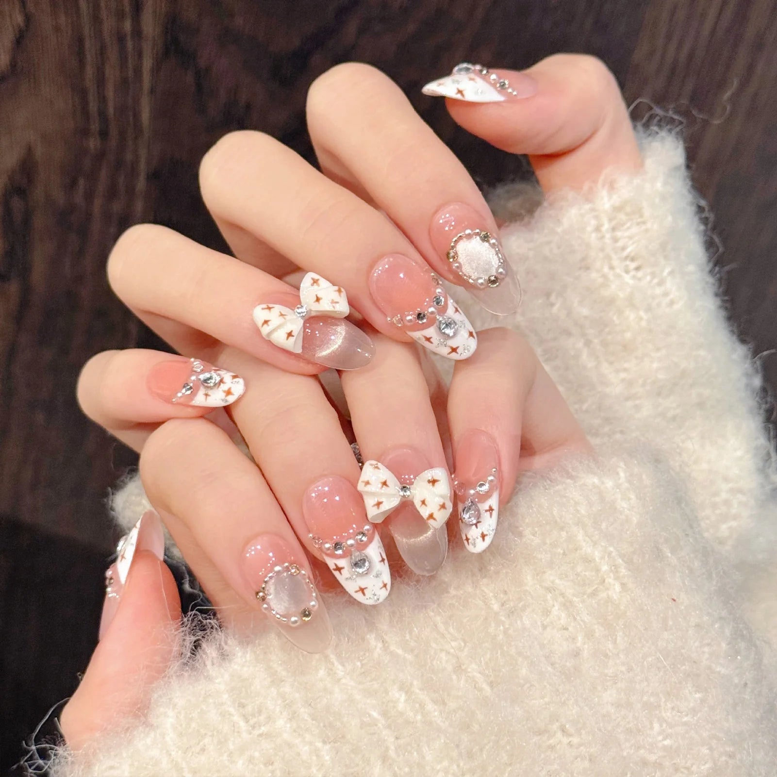 10pcs Handmade Press on Nails French Cat Eye Pink