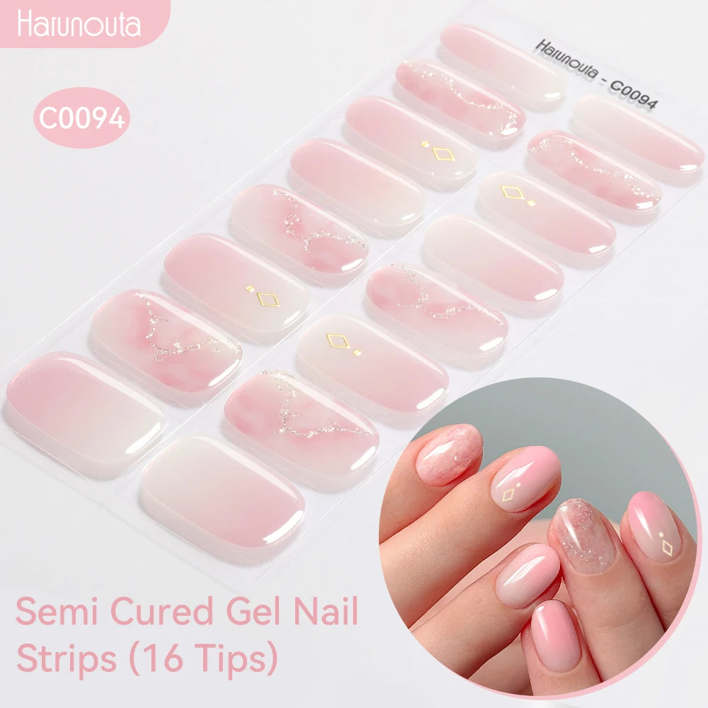 16strips Gradient Green Gold Ocean Semi Cured Gel Nail Strips