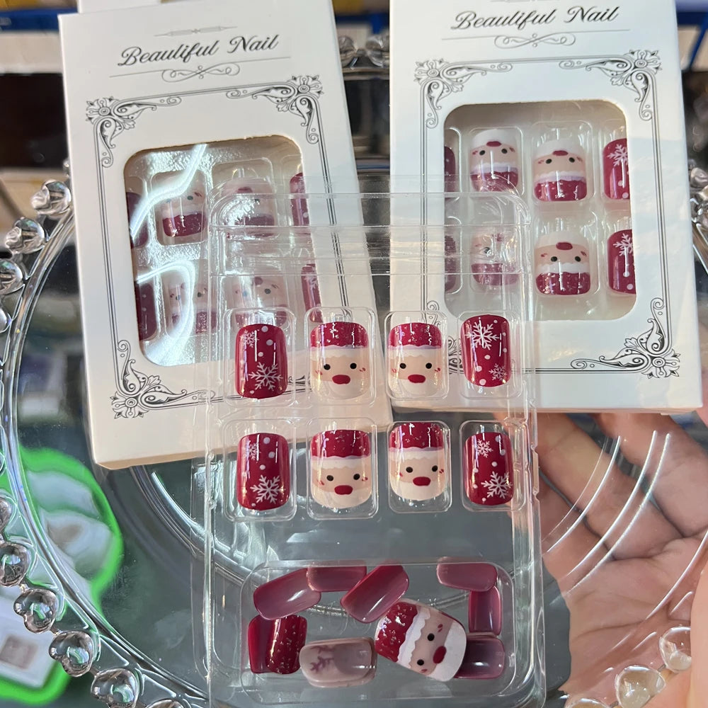 24Pcs Red Christmas Fake Nails
