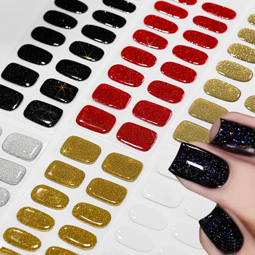 16Tips French Red Glitter Semi-Cured Nail Stickers