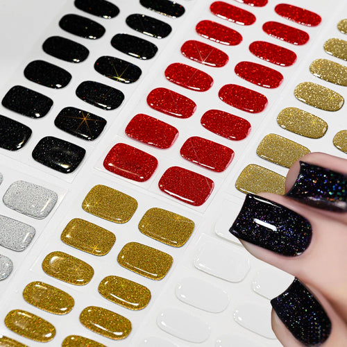 16Tips French Red Glitter Semi-Cured Nail Stickers