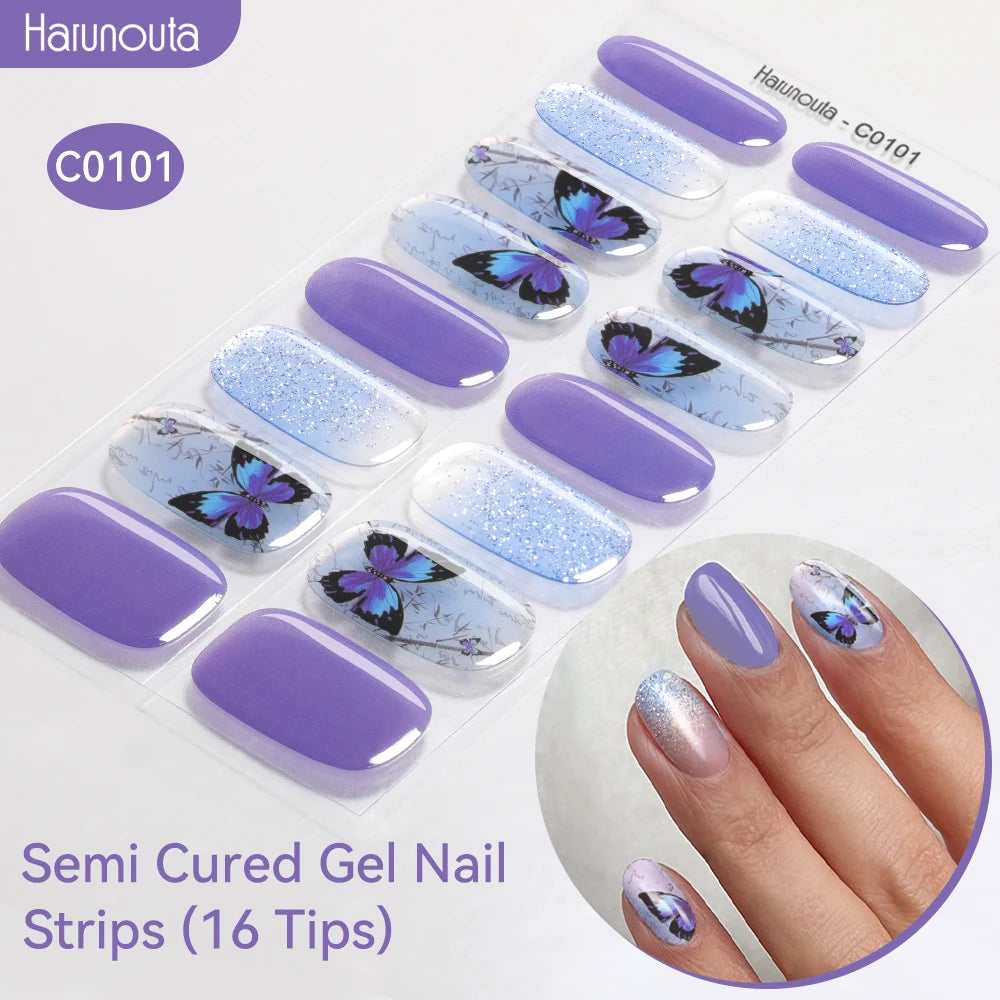 16strips Gradient Green Gold Ocean Semi Cured Gel Nail Strips