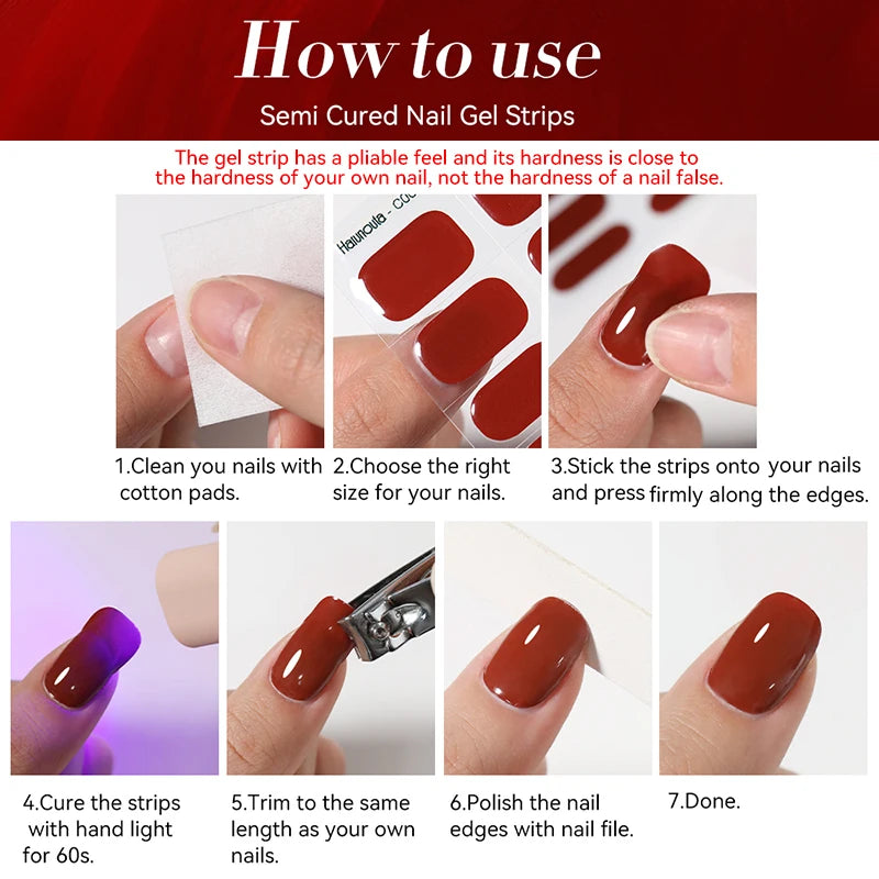 Gradient Red Marble Gold Line Semi Cured Gel Nail Strips