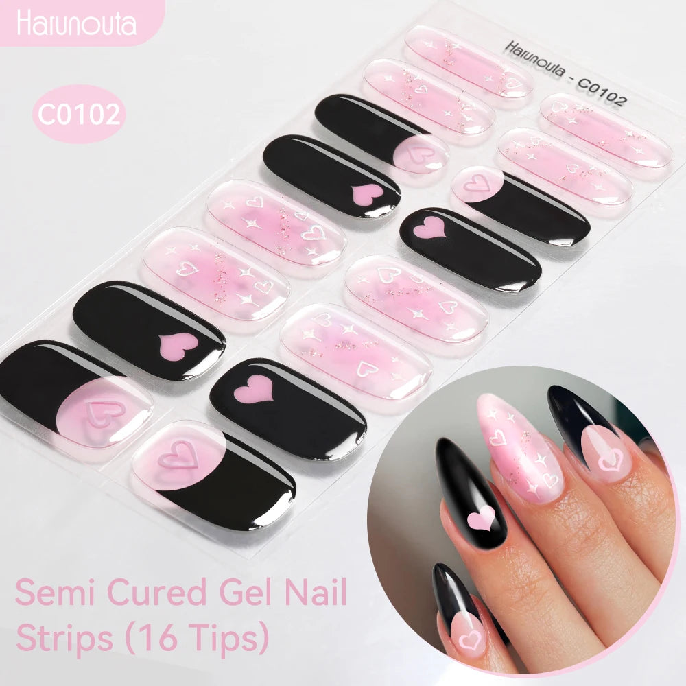 16strips Gradient Green Gold Ocean Semi Cured Gel Nail Strips