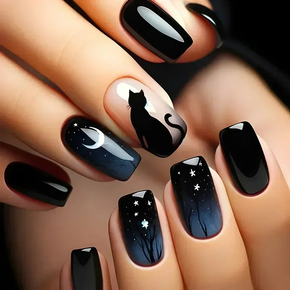 24Pcs Solid Black Short False Nails