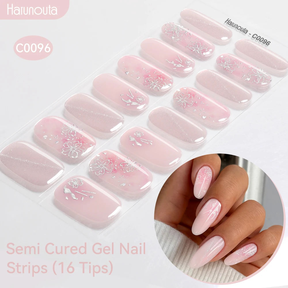 16strips Gradient Green Gold Ocean Semi Cured Gel Nail Strips