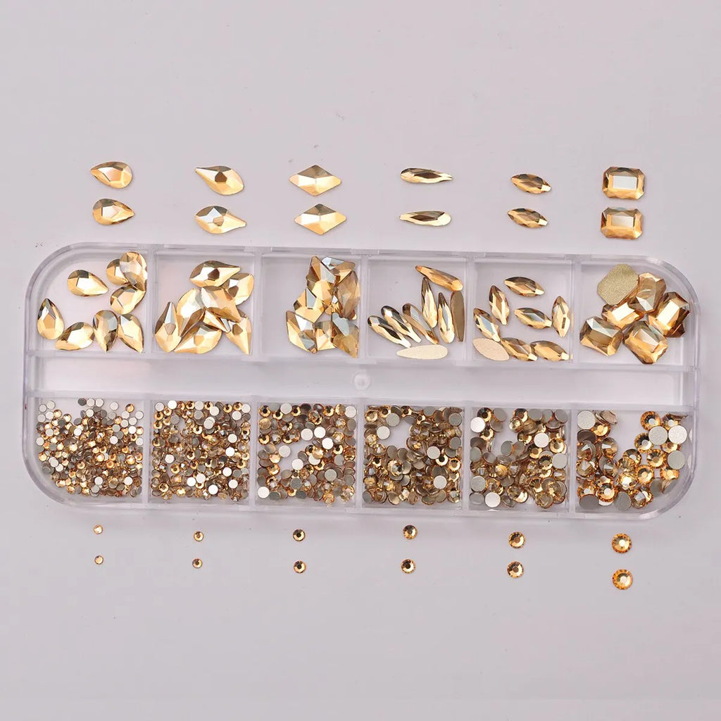 12 Grids Golden Shadow Flatback Rhinestones Glitter Nail