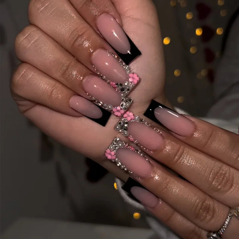 24Pcs French Tip Square Press On Nails
