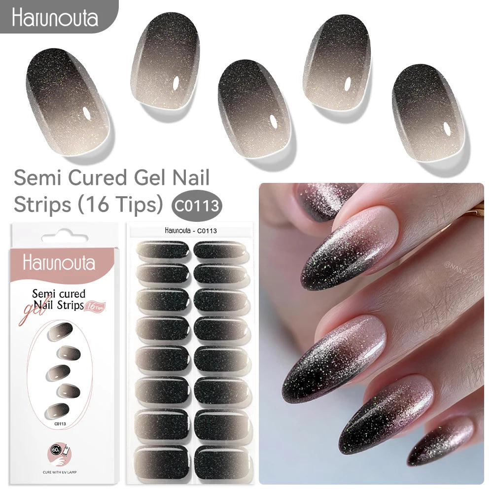 Gradient Red Marble Gold Line Semi Cured Gel Nail Strips