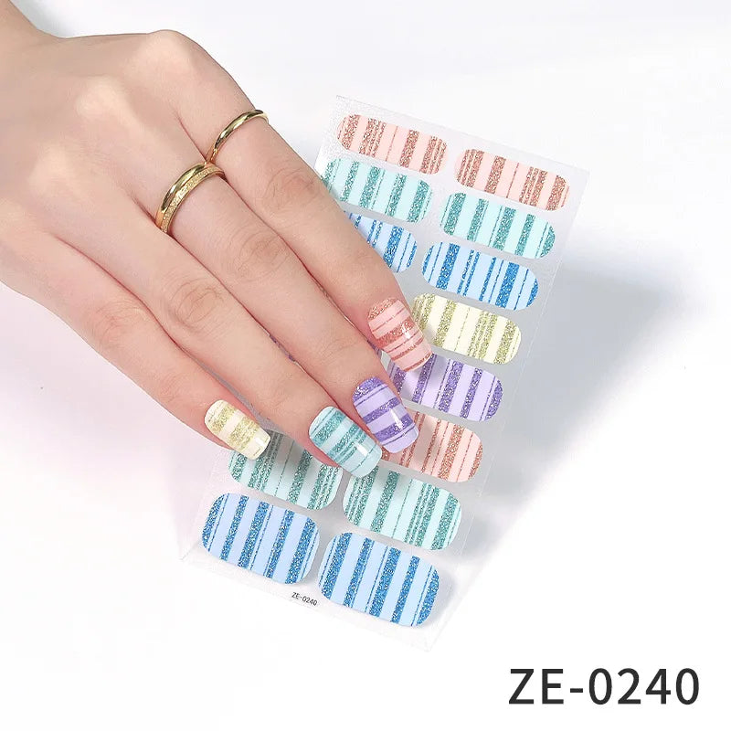 14Tips DIY Glitter Bake Free Gel Nail Stickers Stripe