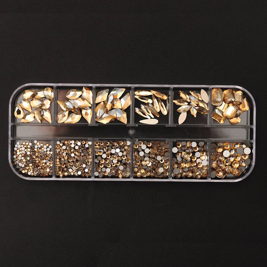 12 Grids Golden Shadow Flatback Rhinestones Glitter Nail