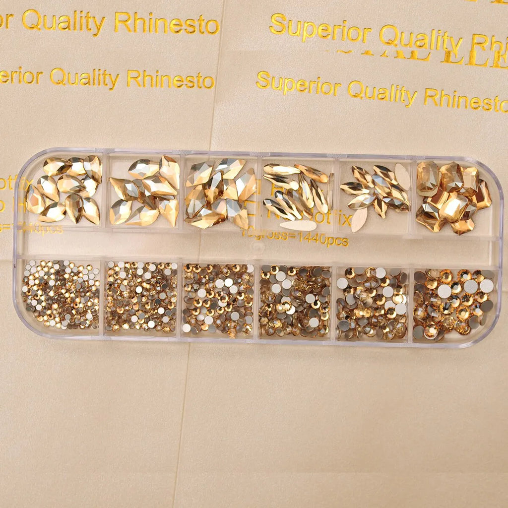 12 Grids Golden Shadow Flatback Rhinestones Glitter Nail