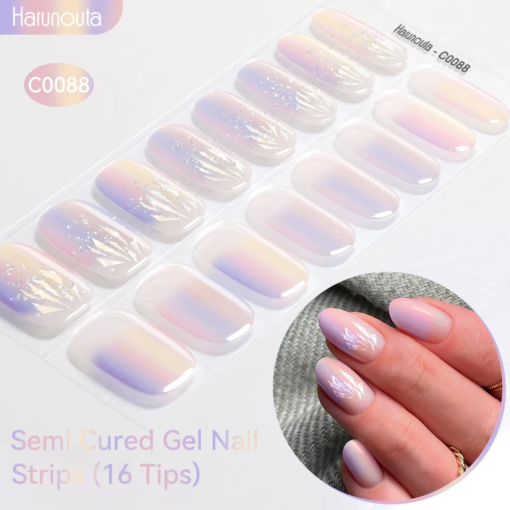 16strips Gradient Green Gold Ocean Semi Cured Gel Nail Strips