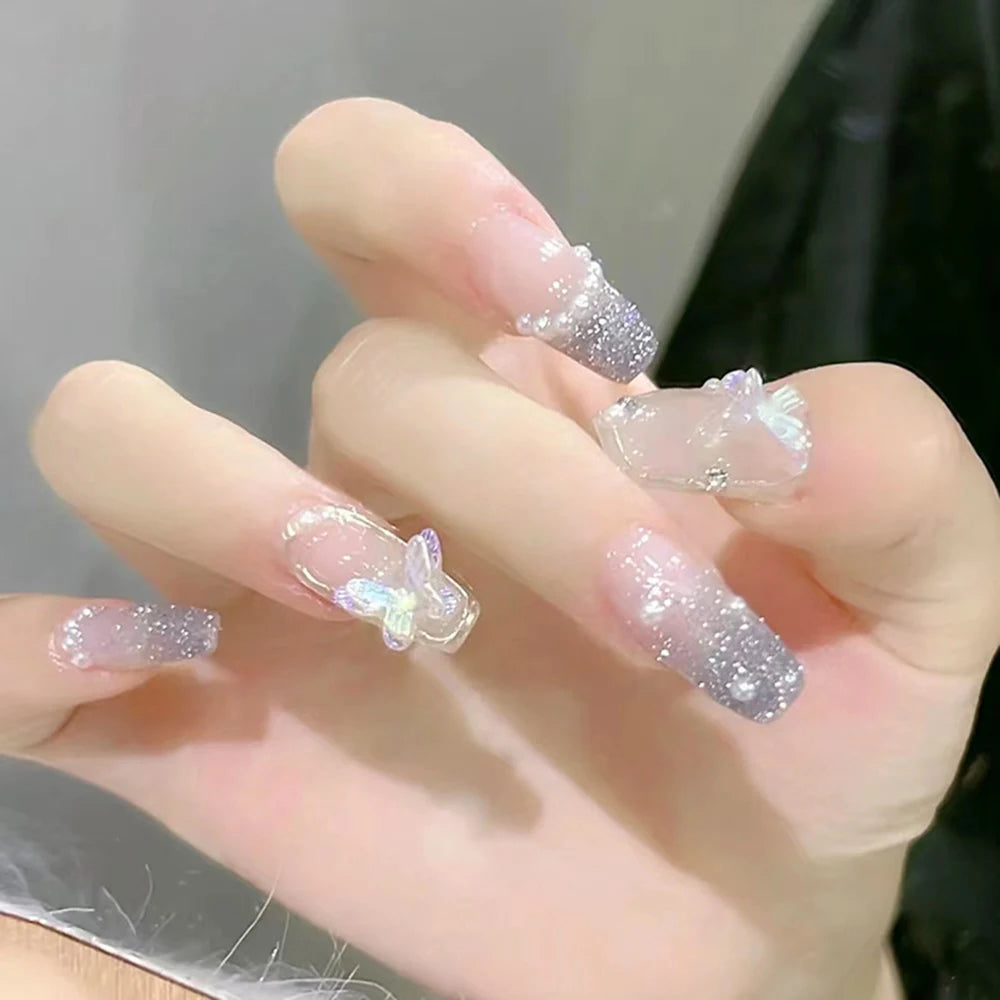 French Style False Nails Glitte Bow Design Fake Nail