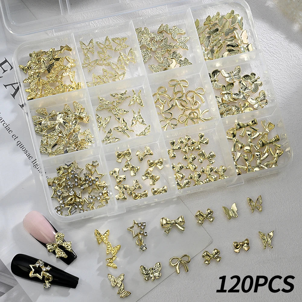 120pcs/box 3D Gold Bow Butterfly Nail