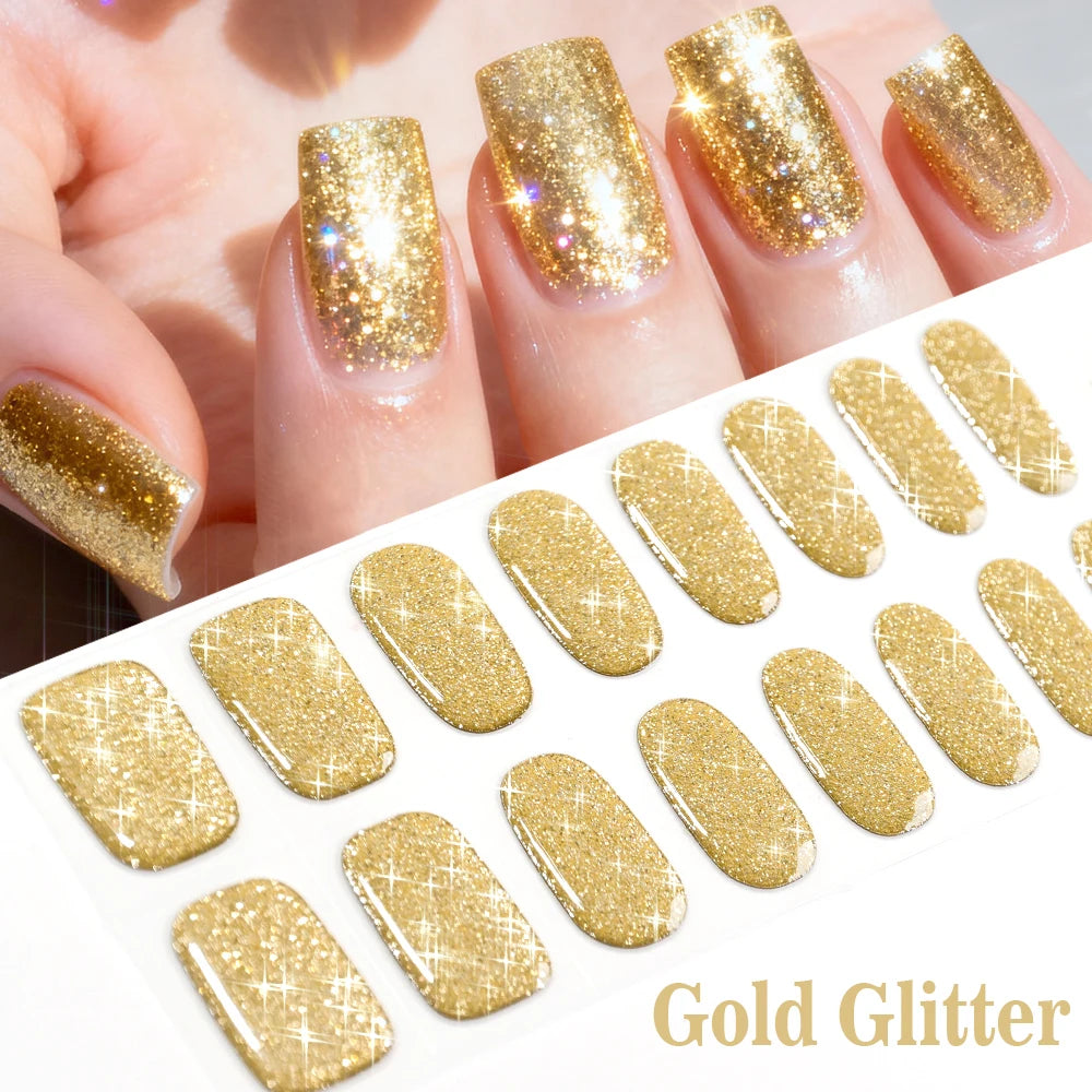 16Tips French Red Glitter Semi-Cured Nail Stickers